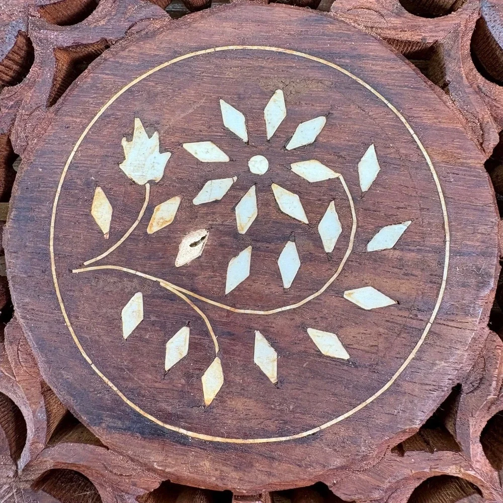 Vintage Hand-carved Wooden Trivet Flowers Inlay Round Footed India 7